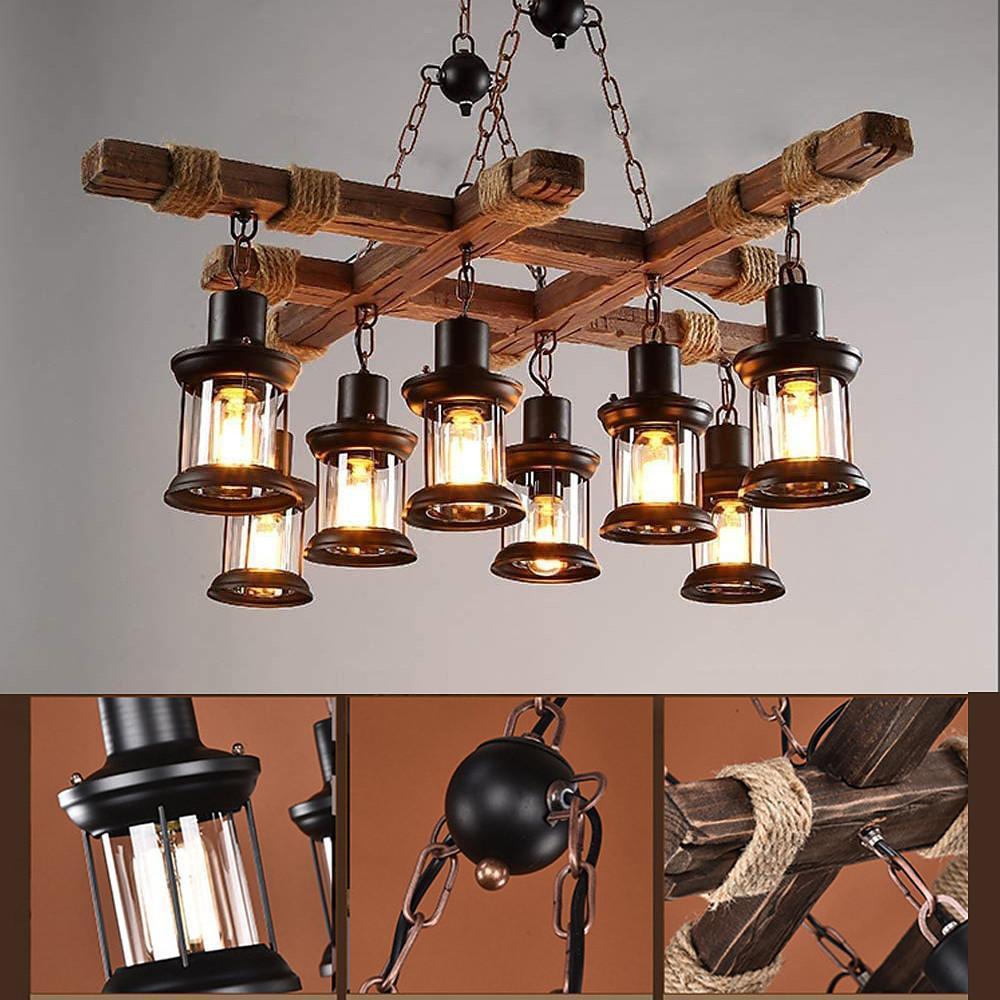 Vintage Farmhouse Geometric Chandelier — Wood and Glass, 39" Adjustable Cord, LED-Compatible