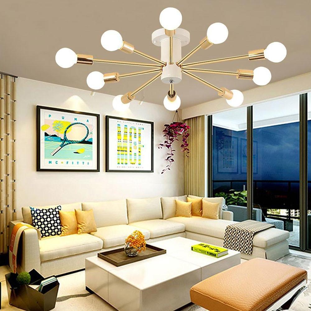 Geometric Sputnik Semi Flush-Mount Chandelier — Metal, Gold, 10-Light E26/E27, 43" Wide