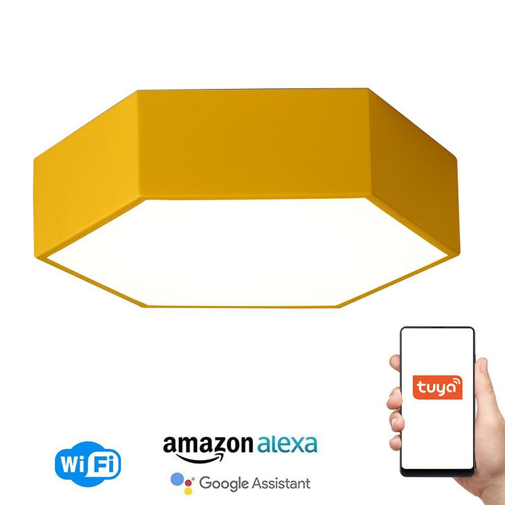 Geometric LED Flush-Mount Ceiling Light — Metal & Acrylic, Tri-Color Wireless Control, 15" Wide