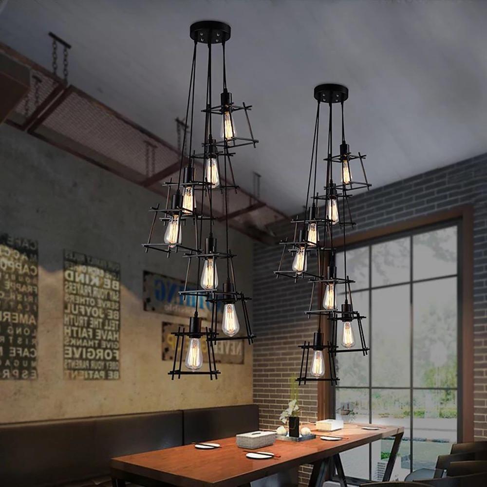 Industrial Cage Chandelier — Black Metal, Vintage Lantern, 1-Light, E26/E27, Adjustable Height