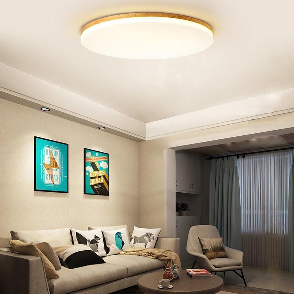 Circular Minimalist Flush-Mount Ceiling Light — Wood and Acrylic, LED, 3000K/6000K, Dimmable with Remote, 10"–19"