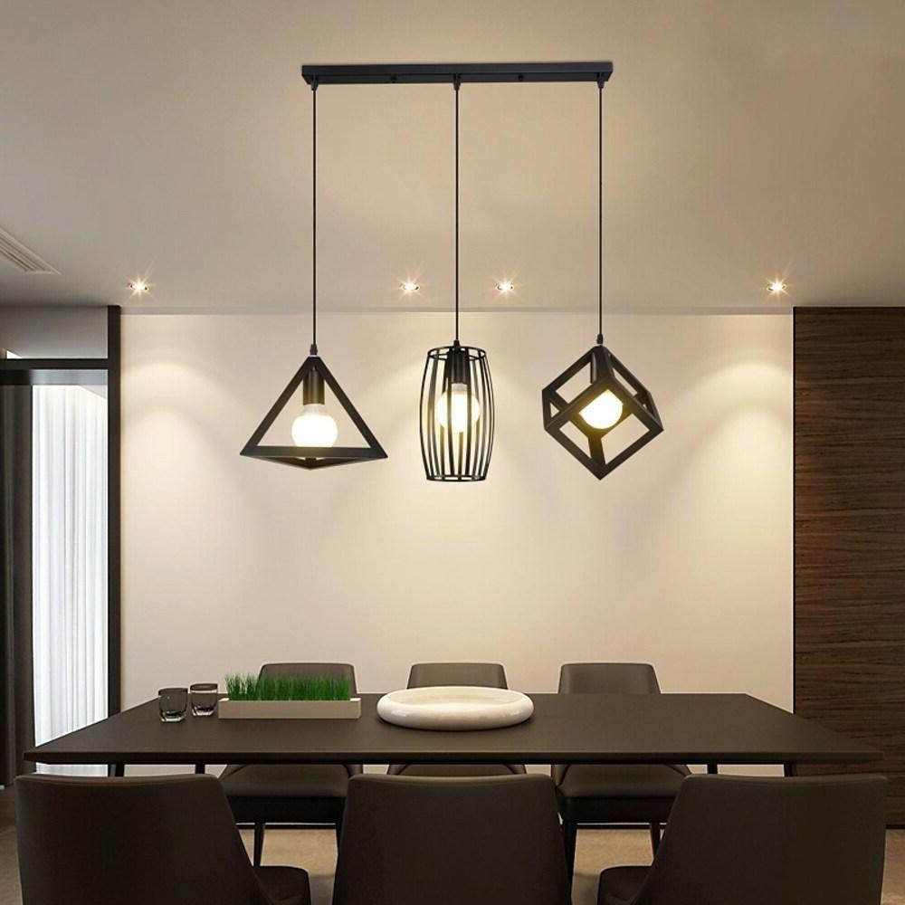 Geometric 3-Light Pendant Chandelier — Black Metal, Vintage Industrial, Adjustable, LED E27, 24" Wide