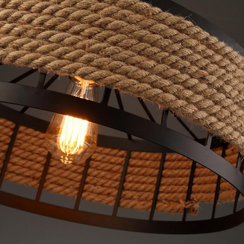 Circular Farmhouse Pendant Chandelier — Iron with Hemp Rope Wrap, E26/E27, 15" Diameter, Adjustable 39" Cord