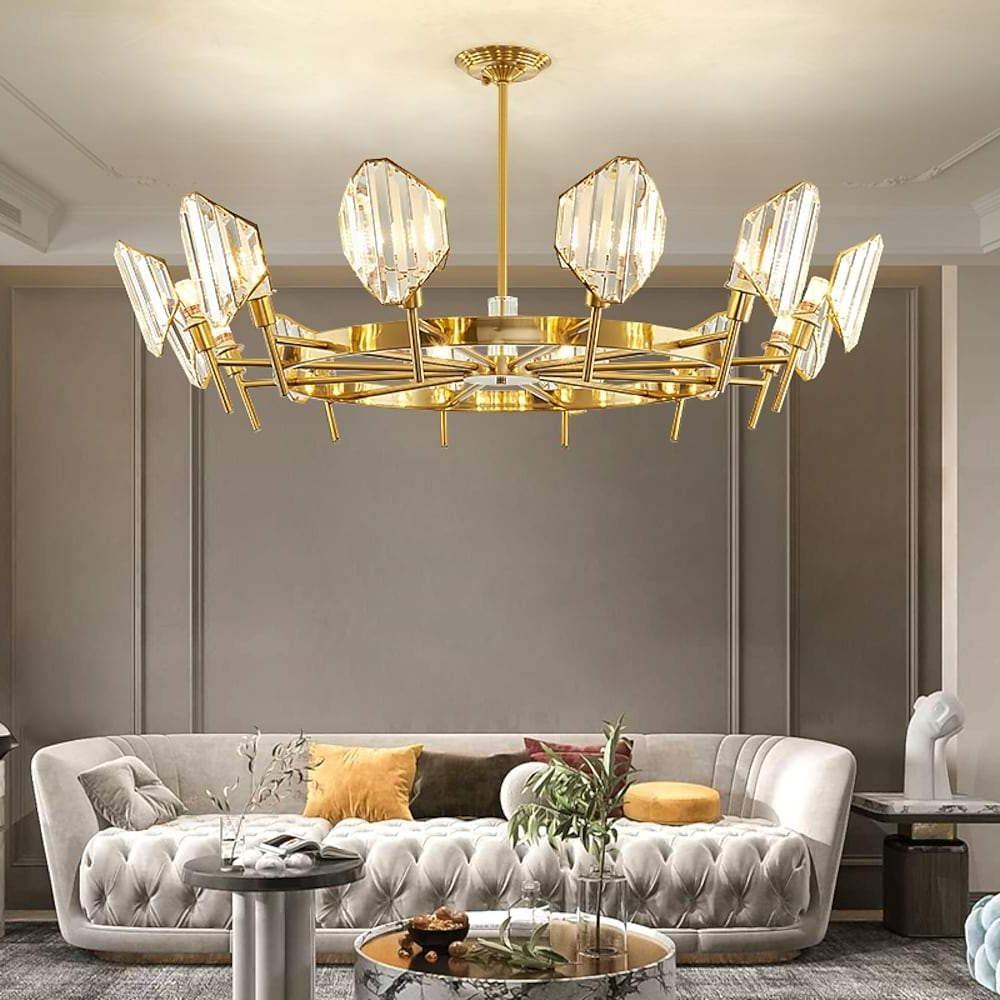 Brass Ring Frame Crystal Chandelier — Gold Electroplated, Metal Arc Branches, 5- to 12-Light