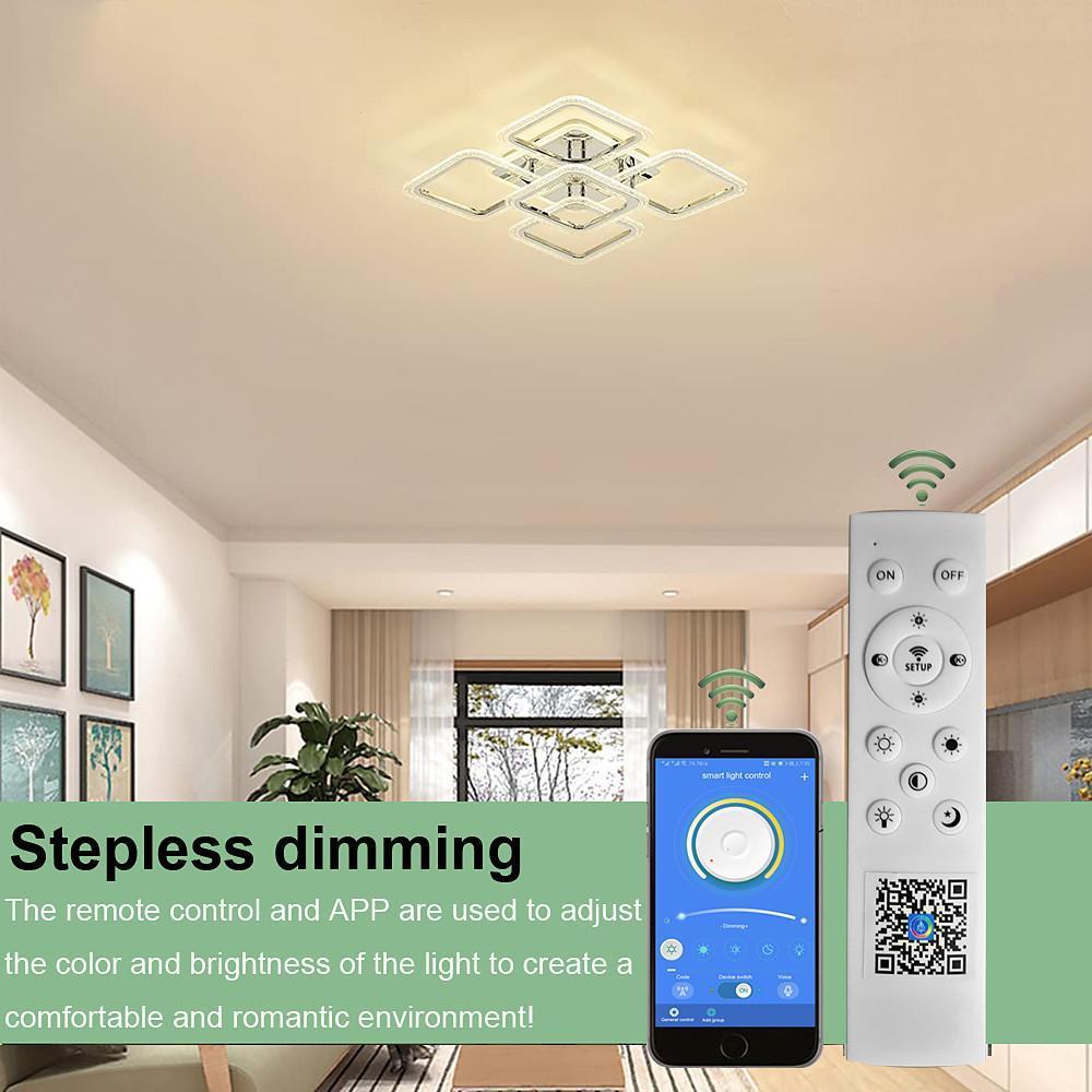 5-Light Square Flush-Mount Ceiling Light — Acrylic, Chrome & White, Dimmable LED, 3000K/4500K/6000K, Remote Control, 22"