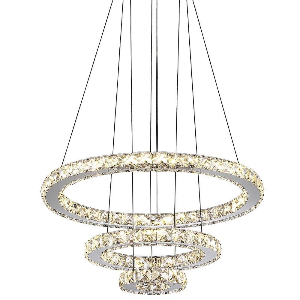 Tiered 3-Ring Crystal Chandelier — Chrome, 40.5W LED, Dimmable, Remote Control, 16" Diameter