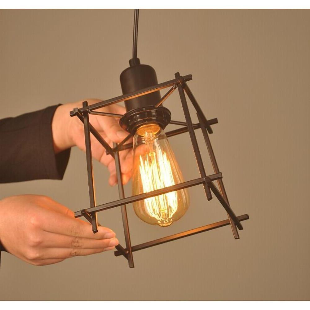 Industrial Square Metal Lantern Pendant — Black Iron, 8" Cube, 79" Adjustable Cord