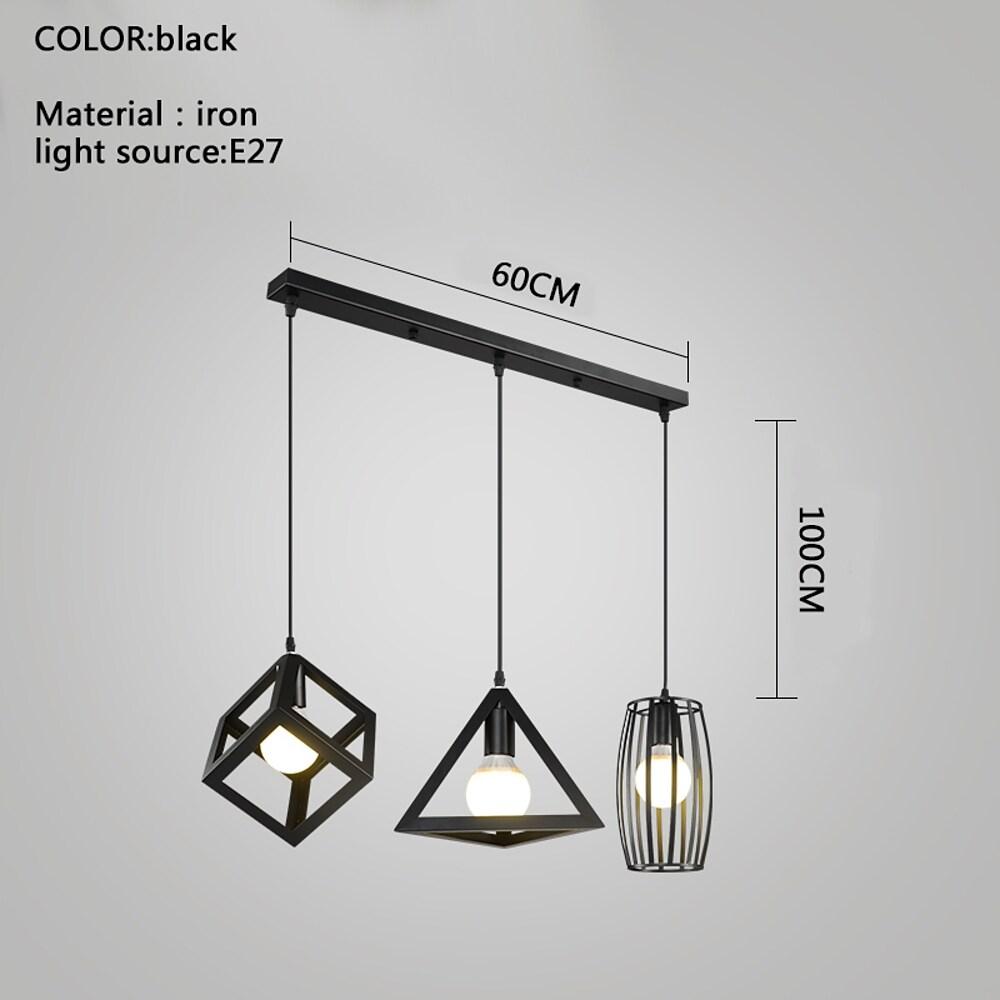 Geometric 3-Light Pendant Chandelier — Black Metal, Vintage Industrial, Adjustable, LED E27, 24" Wide