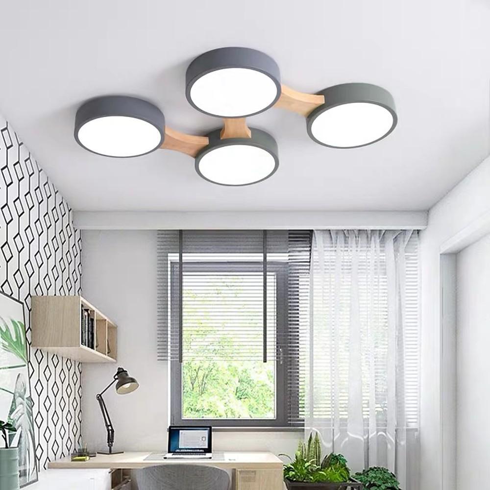 Circular Multi-Light LED Flush Mount — Wood/Bamboo and PVC, 3-Light / 4-Light / 5-Light, Dimmable 3000K–6000K, Remote Control