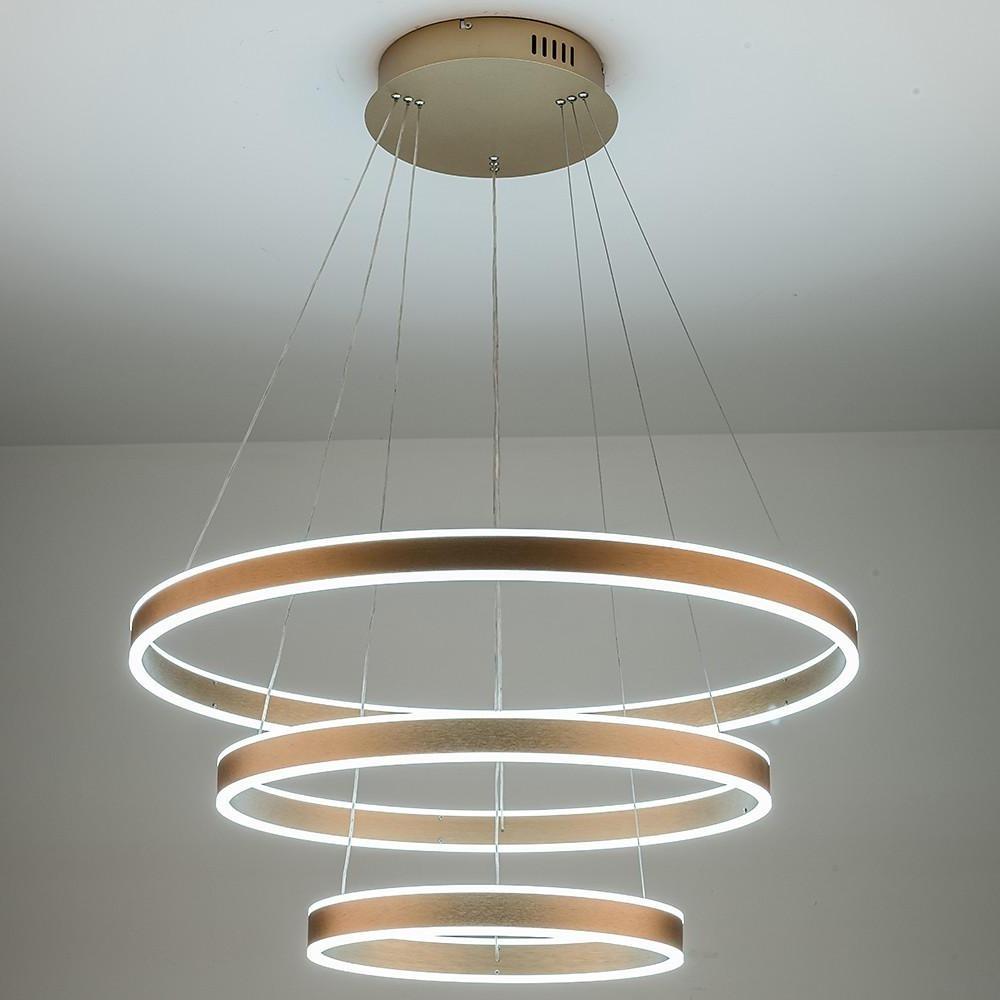 Triple-Ring Chandelier — Aluminum, Gold Finish, LED 142W, 3000K–6000K, 59" Adjustable Chain