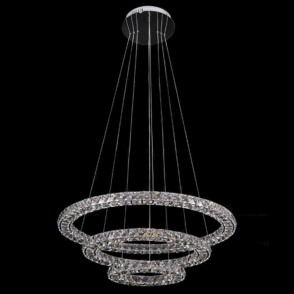 3-Tier Geometric Ring Crystal Chandelier — Chrome, LED, Dimmable, Remote Control, 11.8"+19.7"+27.6" Stacked Tiers
