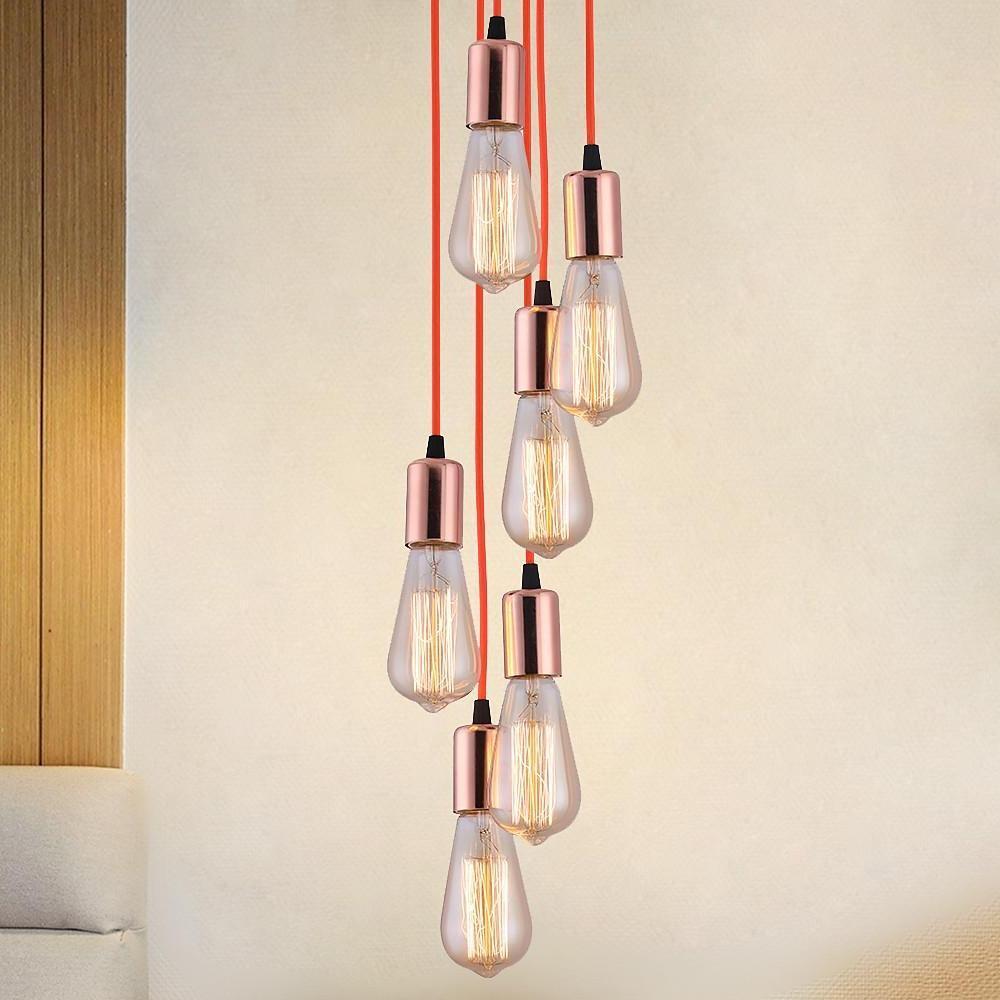 Braided Cluster Teardrop Multi-Light Pendant — Metal, Transparent Glass, 6-Light, Industrial Vintage, Rose Gold / Black